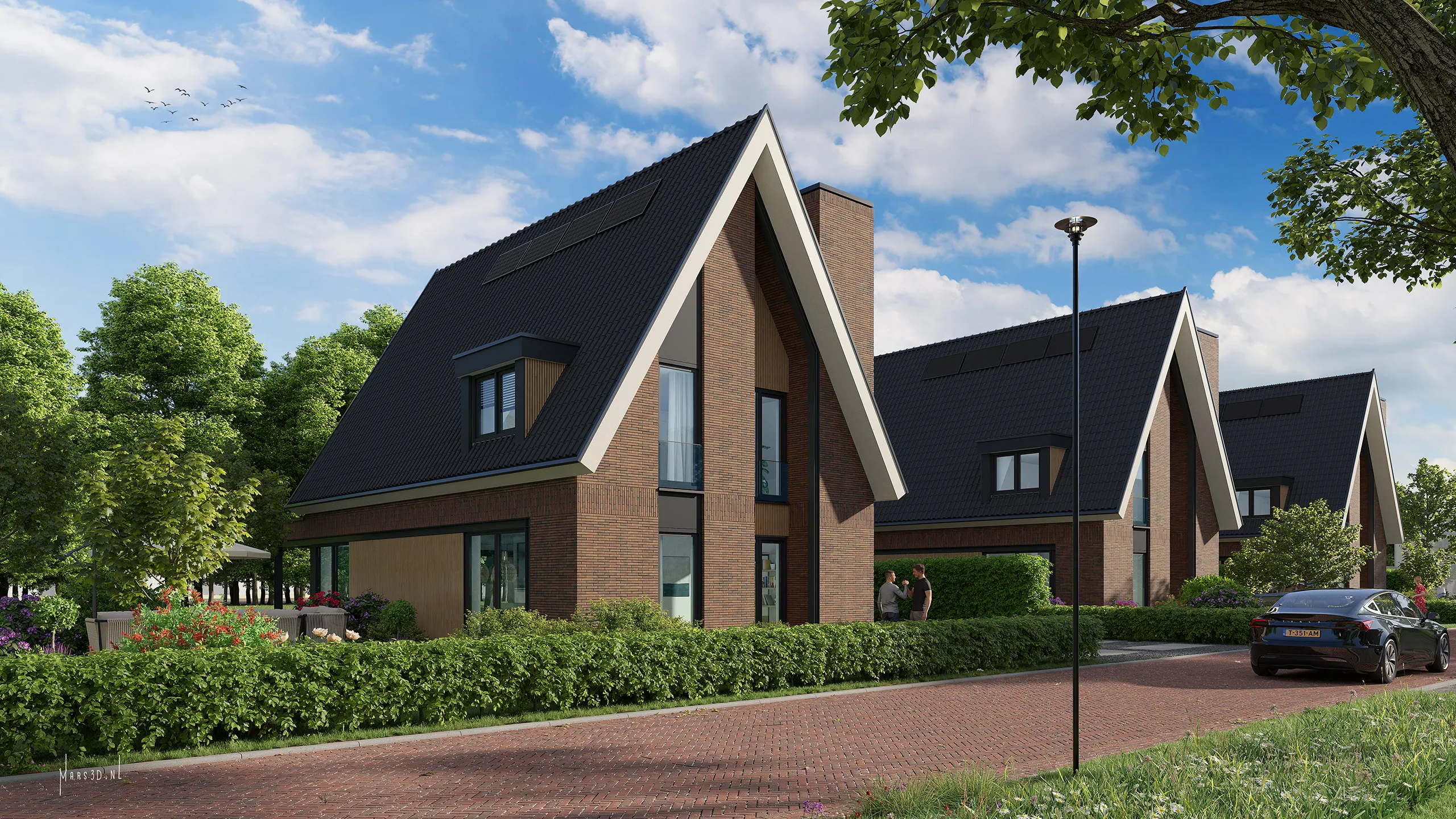 Statige vrijstaande villa met hoge kap, garage en zonnige tuin.